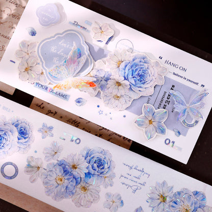 Whole Roll 5.5cm*5m Light Blue Flower Die Cutting Washi/PET/Shell Light Washi/PET Tape