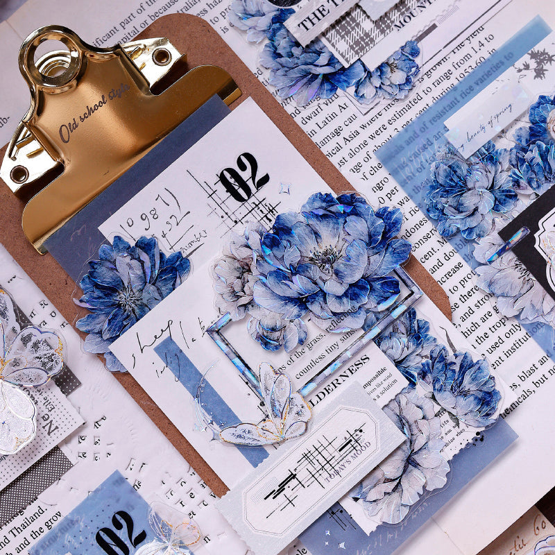Whole Roll 6cm*6m Dark blue peony flower Die Cutting Washi/PET/Shell Light PET Tape featuring blue, flower, and light designs for journaling, scrapbooking and collage