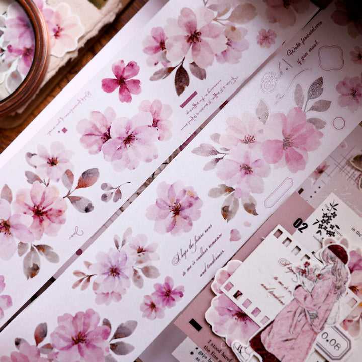 5.5cm*150cm Powdered perfume flower Die Cutting Washi/PET Tape featuring red, and flower designs for journaling, scrapbooking and collage