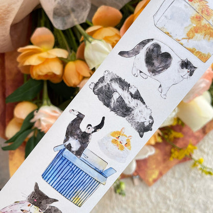 Whole Roll 6cm*10m Cat Home Die Cutting Washi/PET/Fog PET Tape featuring cat, and home designs for journaling, scrapbooking and collage