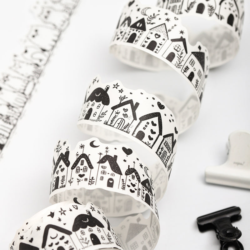 Black White Little Life Series Washi Tape featuring white, and black designs for journaling, scrapbooking and collage