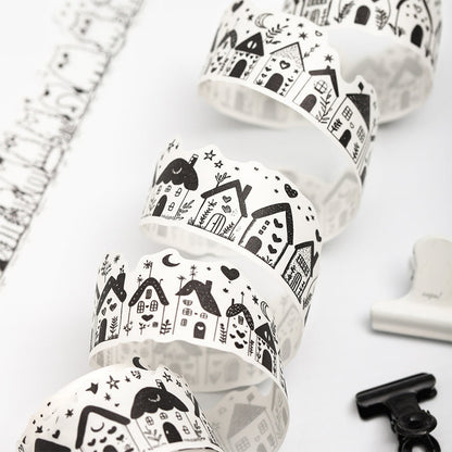 Black White Little Life Series Washi Tape featuring white, and black designs for journaling, scrapbooking and collage