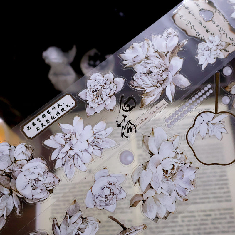 5.5cm*100cm White lotus flower Die Cutting Washi/PET/Shell Silver PET Tape featuring white, silver, and flower designs for journaling, scrapbooking and collage