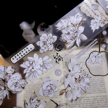 5.5cm*100cm White lotus flower Die Cutting Washi/PET/Shell Silver PET Tape featuring white, silver, and flower designs for journaling, scrapbooking and collage