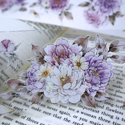 Whole Roll 5.6cm*5m Purple peony flower Die Cutting Washi/PET/Shell Light PET Tape featuring flower, and light designs for journaling, scrapbooking and collage