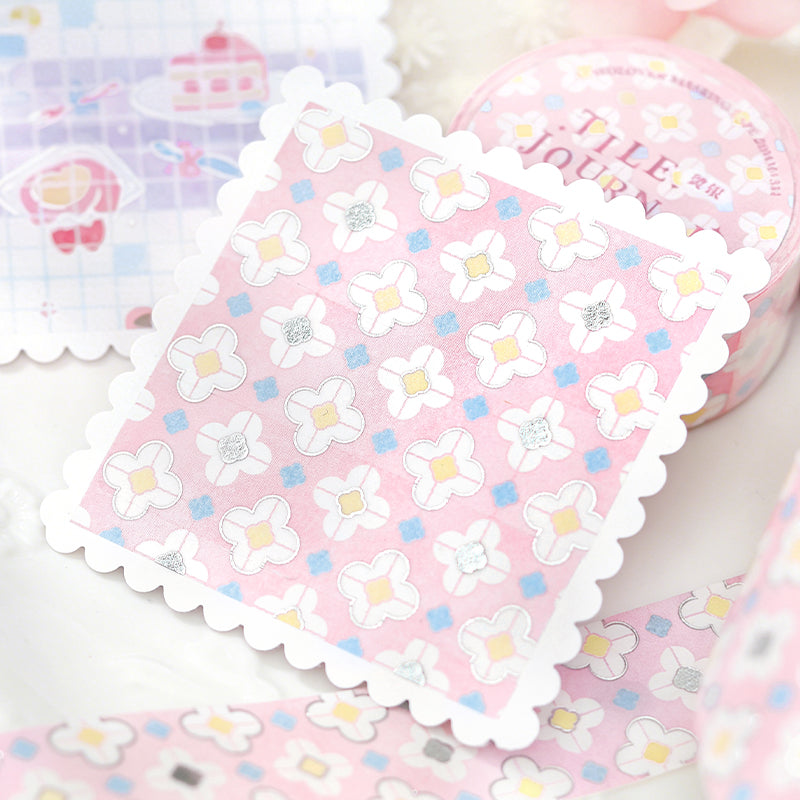 Flower Tile Diary Series Silver Stamping Washi Tape featuring silver, and flower designs for journaling, scrapbooking and collage