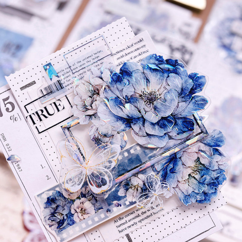 Whole Roll 6cm*6m Dark blue peony flower Die Cutting Washi/PET/Shell Light PET Tape featuring blue, flower, and light designs for journaling, scrapbooking and collage