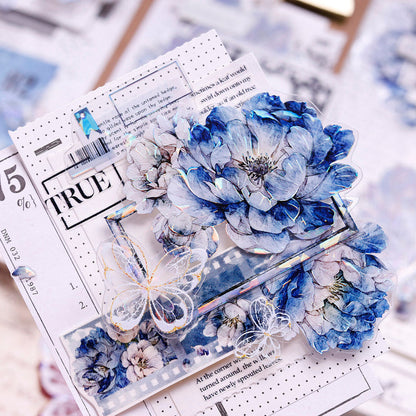 Whole Roll 6cm*6m Dark blue peony flower Die Cutting Washi/PET/Shell Light PET Tape featuring blue, flower, and light designs for journaling, scrapbooking and collage