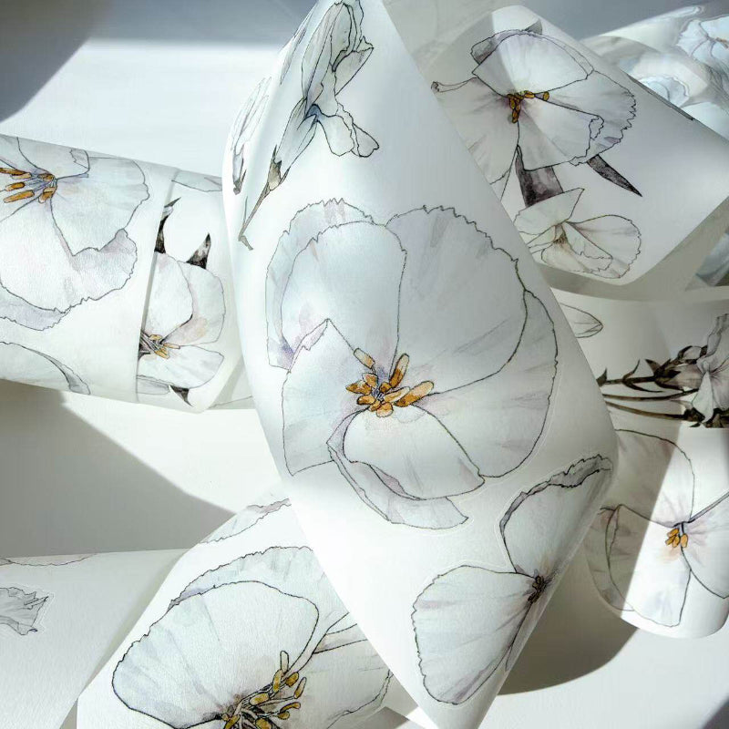 Whole Roll 6cm*10m White flower Die Cutting Washi/PET/Fog PET Tape featuring white, and flower designs for journaling, scrapbooking and collage