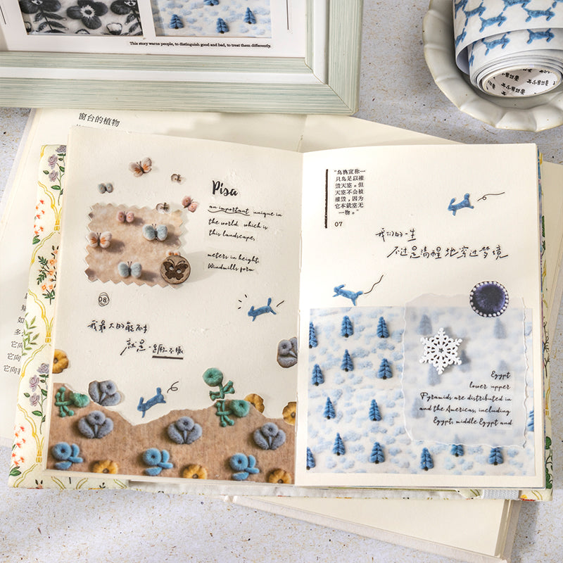Kagawa Shimeng Series White Kraft Paper Tape featuring white designs for journaling, scrapbooking and collage
