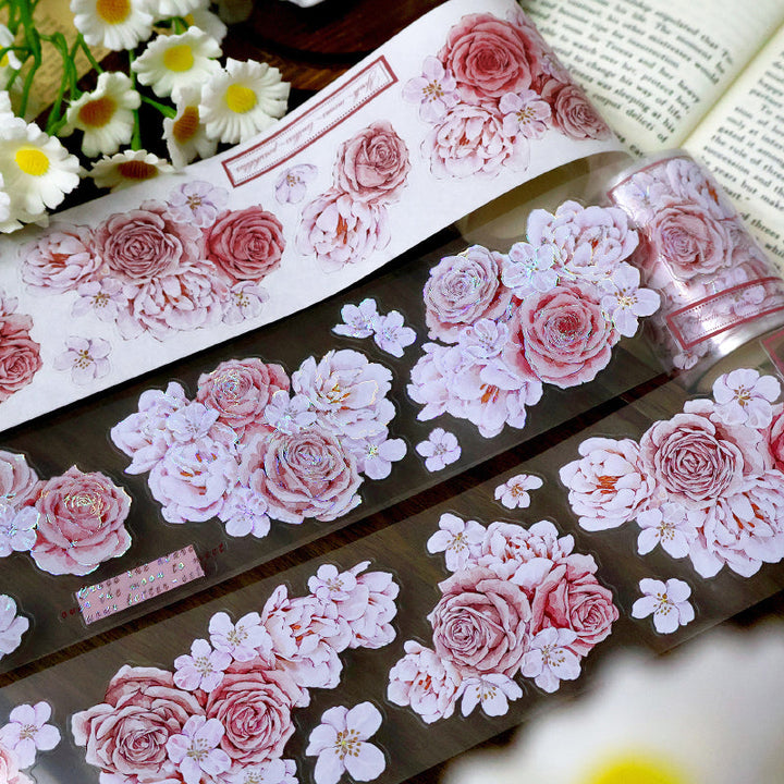 Whole Roll 5.6cm*5m Sweet rose Die Cutting Washi/PET/Shell Silver PET Tape featuring rose, sweet, and silver designs for journaling, scrapbooking and collage
