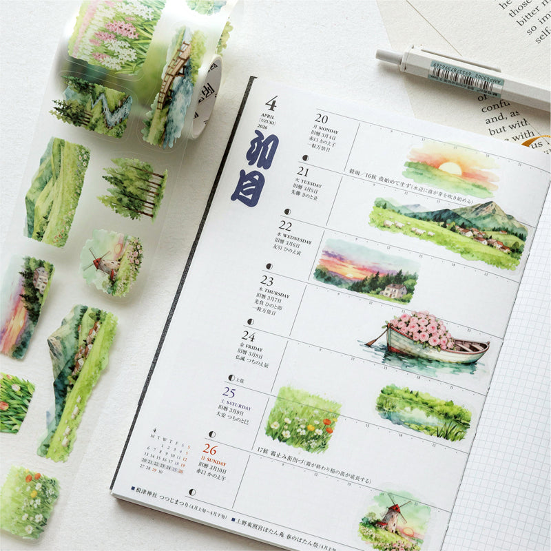 Green Vision Collection Series Die Cutting Fog PET Tape featuring green designs for journaling, scrapbooking and collage