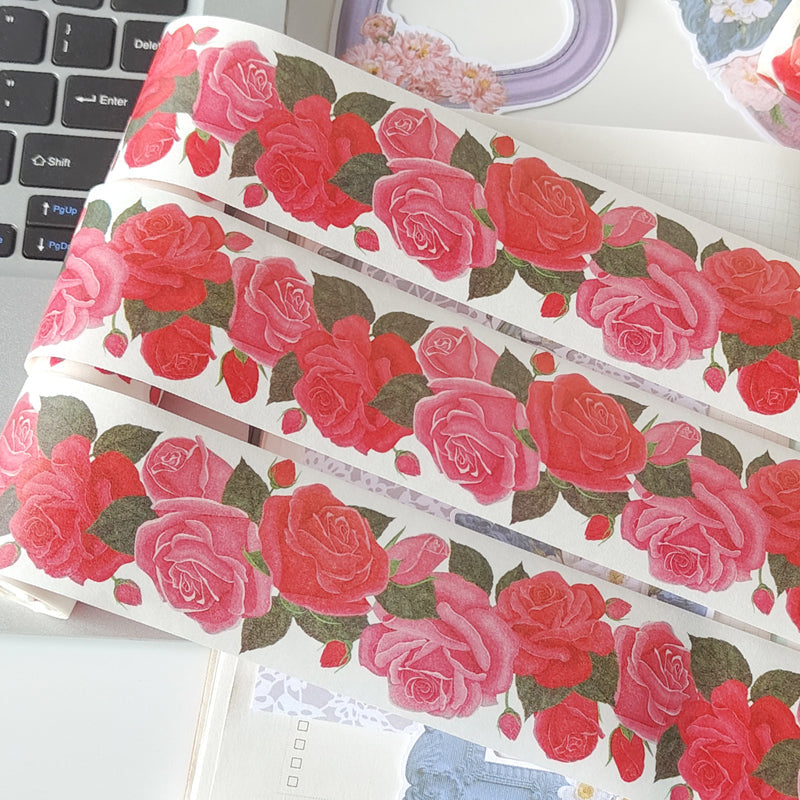 Red rose Washi Tape featuring rose, and red designs for journaling, scrapbooking and collage