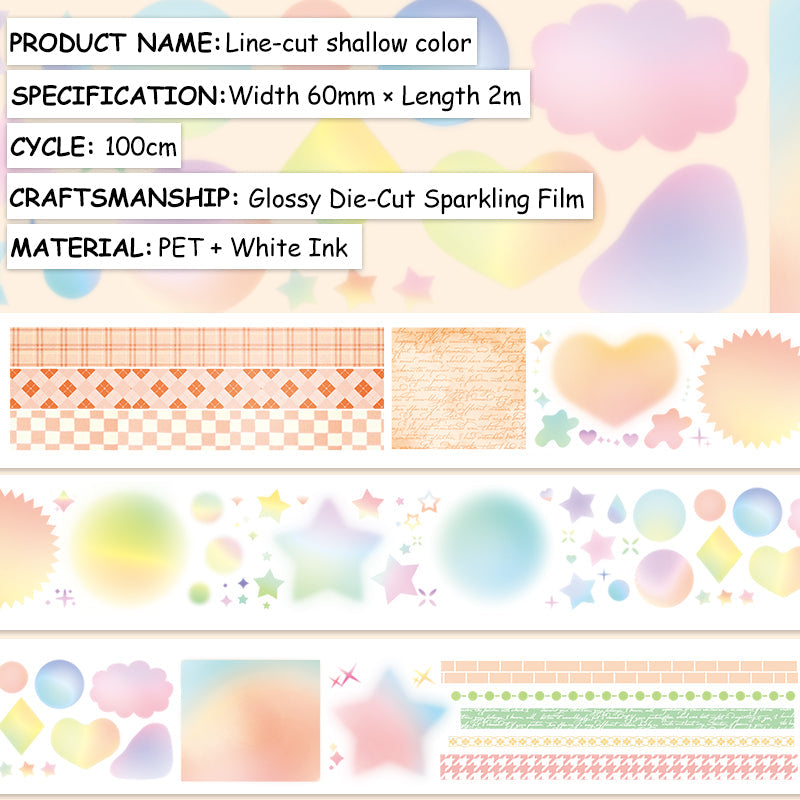 Line-cut shallow color Die Cutting Sparking Film PET Tape featuring color designs for journaling, scrapbooking and collage
