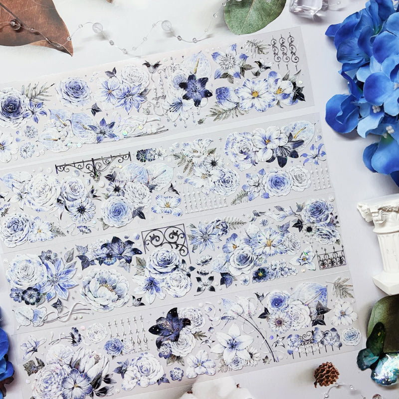 6cm*125cm Blue Dream Flower Shell Light PET Tape featuring dream, blue, and flower designs for journaling, scrapbooking and collage