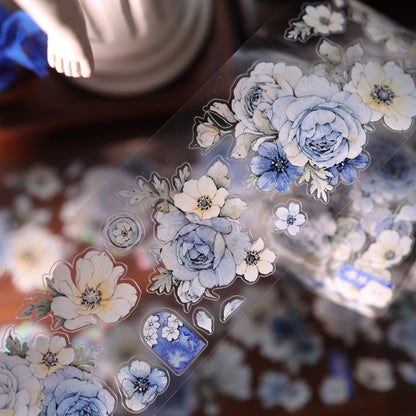 Whole Roll 5.5cm*5m Sweet Blue Flower Die Cutting Washi/PET/Shell Light PET Tape featuring sweet, blue, and flower designs for journaling, scrapbooking and collage
