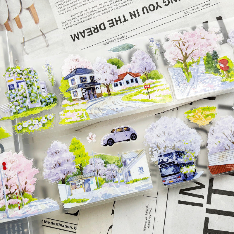 7cm*102cm Spring Day Street Die Cutting Washi/PET/Fog PET Tape featuring spring, street, and tree designs for journaling, scrapbooking and collage