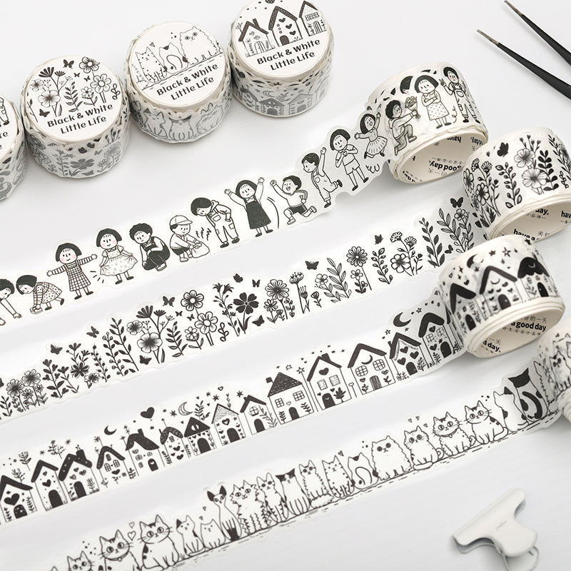 Black White Little Life Series Washi Tape featuring white, and black designs for journaling, scrapbooking and collage