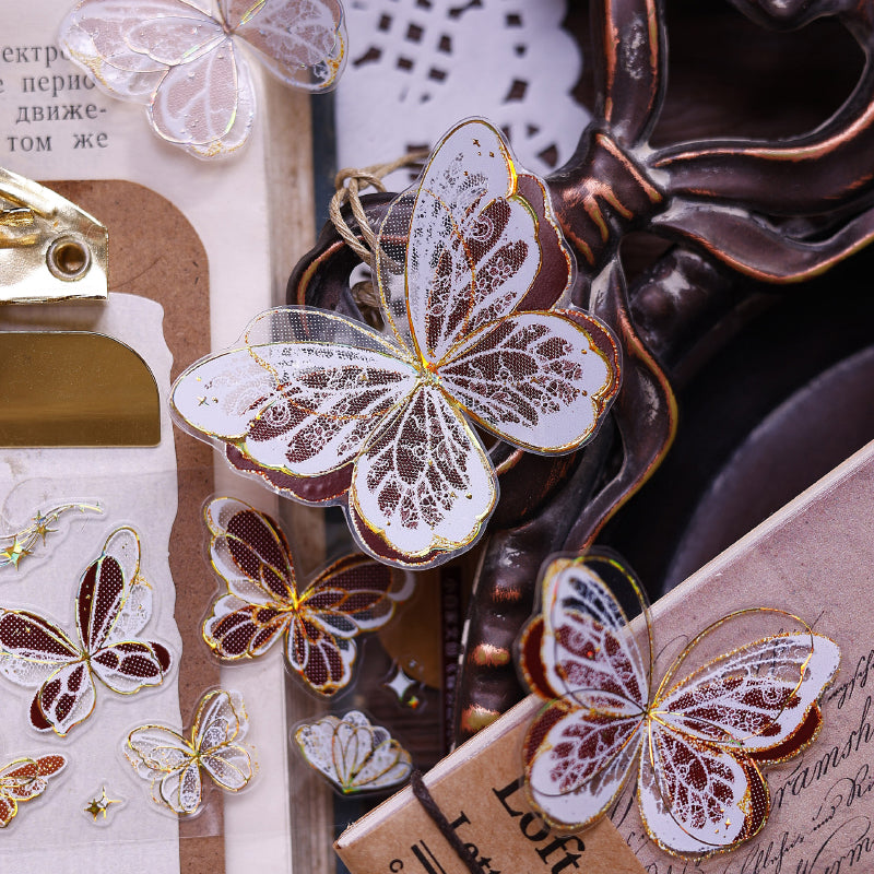 4.5cm*100cm Butterfly wings Die Cutting Flash PET/Shell Light/Gold/Silver Tape featuring butterfly, old, and gold designs for journaling, scrapbooking and collage