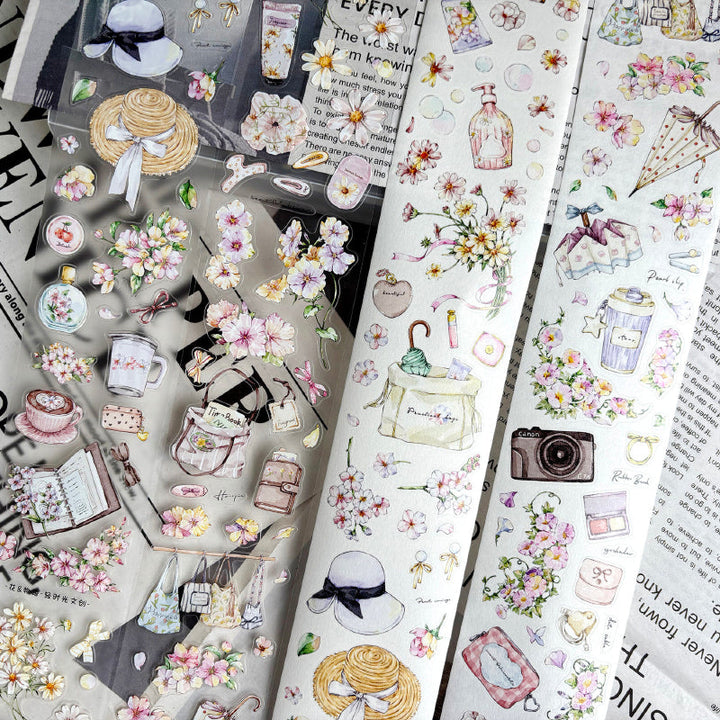 5.5cm*100cm Flowers Stories Die Cutting Washi/PET/Fog PET Tape featuring flower designs for journaling, scrapbooking and collage