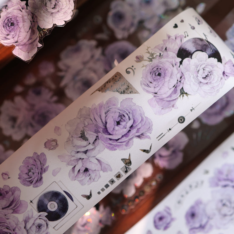 Whole Roll 6cm*5m Purple Melody Echoes Die Cutting Washi/PET/Shell Light PET Tape featuring light designs for journaling, scrapbooking and collage