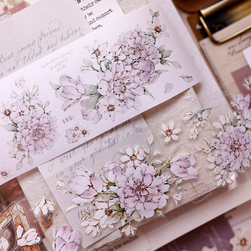 5.5cm*150cm Purple Smoke Flower Die Cutting Washi/PET/Shell Light PET Tape featuring flower, and light designs for journaling, scrapbooking and collage