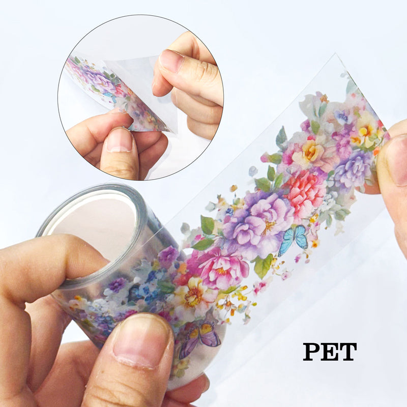 Colorful flowers PET Tape featuring flower, and color designs for journaling, scrapbooking and collage