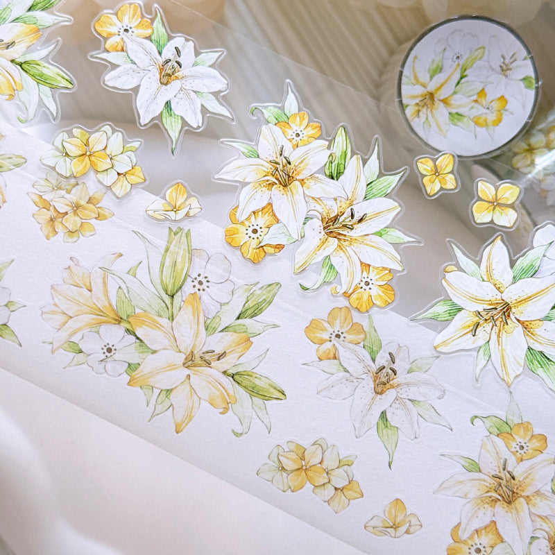 5.5cm*100cm Floating Light Lily Die Cutting Washi/PET Tape featuring light designs for journaling, scrapbooking and collage