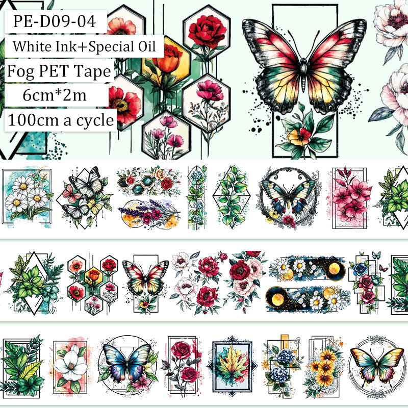 Wireframe flowers Fog PET Tape featuring flower designs for journaling, scrapbooking and collage