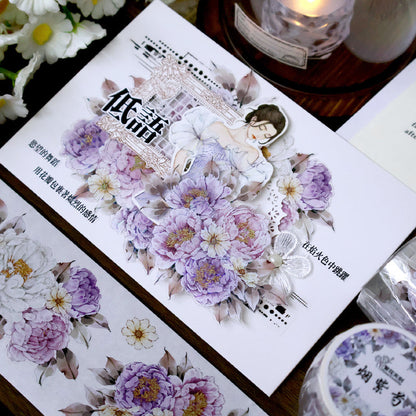 Whole Roll 5.6cm*5m Purple peony flower Die Cutting Washi/PET/Shell Light PET Tape featuring flower, and light designs for journaling, scrapbooking and collage