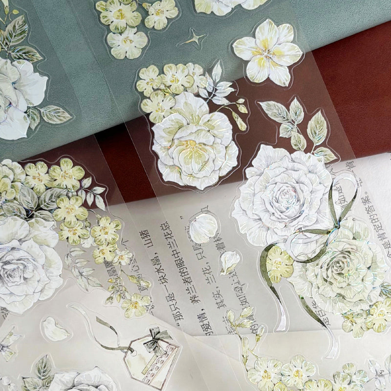 Whole Roll 6cm*5m Green flower Bud Die Cutting Washi/PET/Shell Light PET Tape featuring green, flower, and light designs for journaling, scrapbooking and collage