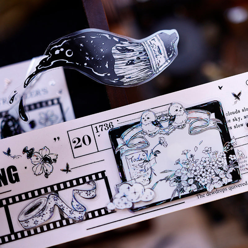 6.5cm*125cm Black and white paintings world Die Cutting Washi/PET/Shell Silver PET Tape featuring white, black, and silver designs for journaling, scrapbooking and collage
