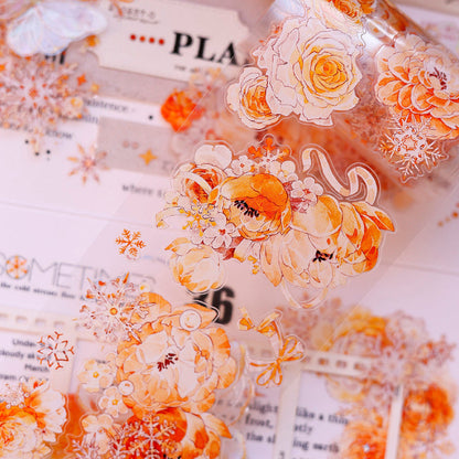 6.5cm*150cm Orange gold blossom Die Cutting Washi/PET/Shell Light PET Tape featuring old, gold, and orange designs for journaling, scrapbooking and collage