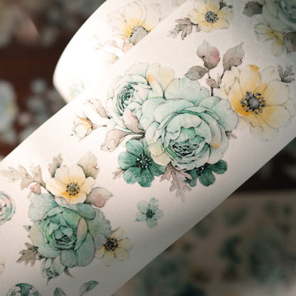 Whole Roll 5.5cm*5m Blue Purple Flower Die Cutting Washi/PET/Shell Light PET Tape featuring blue, flower, and light designs for journaling, scrapbooking and collage