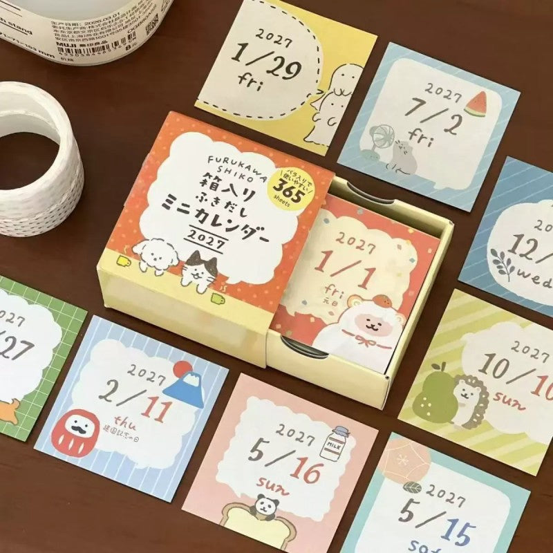 2027 Cute Illustration mini calendar featuring cute cat, dog, apple, and color grid designs for journaling, scrapbooking and collage
