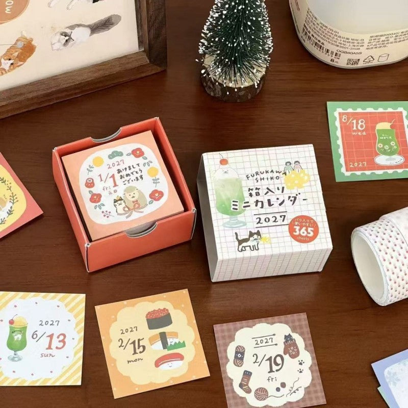 2027 Cute Illustration mini calendar featuring cute cat, dog, apple, and color grid designs for journaling, scrapbooking and collage
